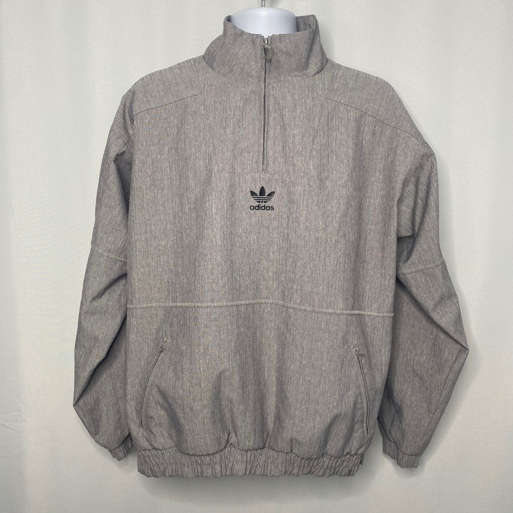Adidas Original Mens Quarter Zip Windbreaker Jacket Grey Textured Trefoil Medium